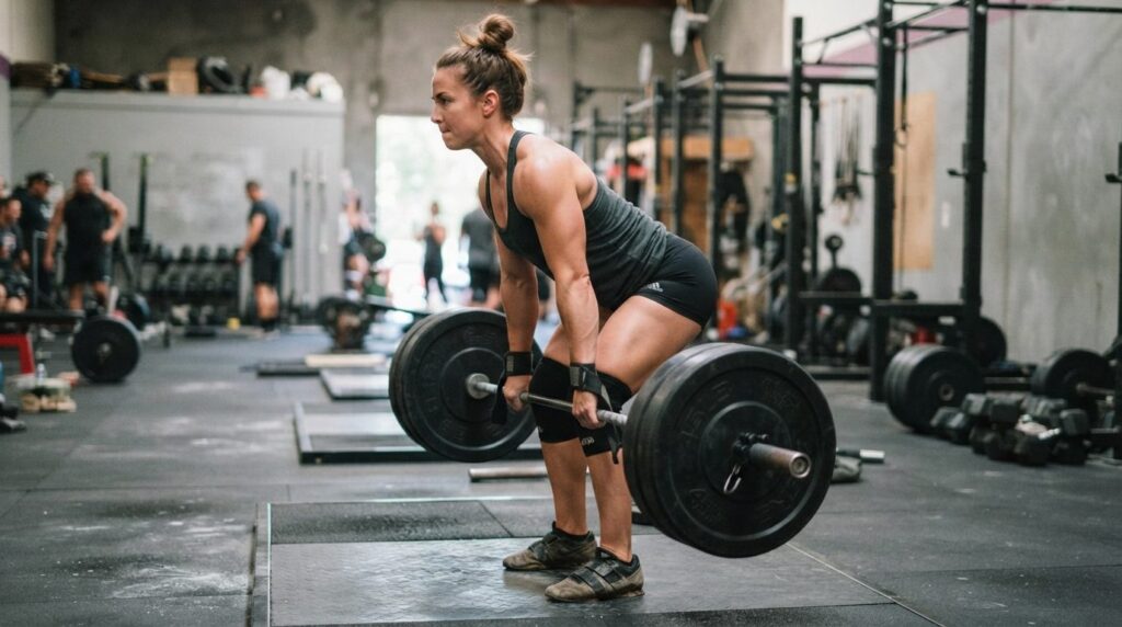 Fit athlete in side profile performing a heavy deadlift with