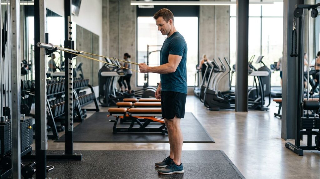 Athletic man performing a progressive rehabilitation exercis